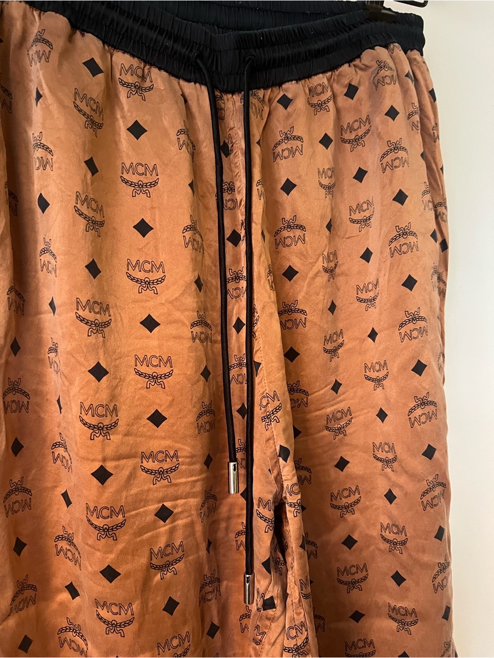 MCM Women’s Logo-Print Silk Pants with Black Waistband